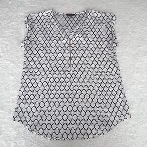 Express Women's Blue White Geo Print Zip Front Blouse Top Size Large